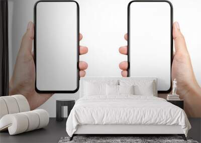 Hands holding two mobile phones with empty screen mock up, PNG file no background Wall mural