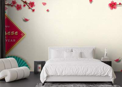 Happy Chinese new year banner design in antique white color wave pattern background with copy space Wall mural