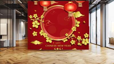 Happy Chinses New Year text and Chinese letter means ox for year 2021 on red oriental style background Wall mural