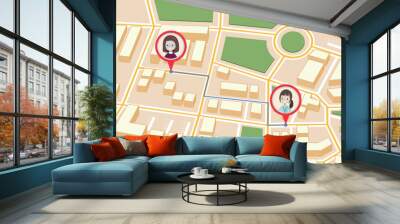 Map with pin markers showing GPS location of people or friends in the city with direction Wall mural