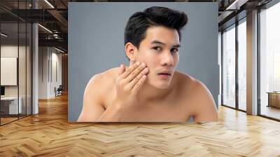 Portrait of shirtless young handsome Asian man checking his face skin Wall mural