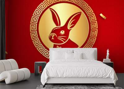 Rabbit zodiac symbol with oriental style decoration elements on red background for Chinese new year 2023 Wall mural