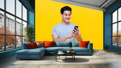 Smiling young good looking Asian man using smartphone Wall mural