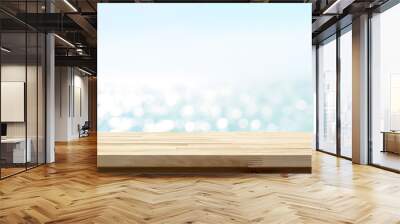 Wood table top on blue summer sparking sea water bokeh banner background Wall mural