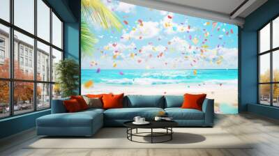 Confetti cascading over a tropical beach background with soft waves and palm trees, playful and vibrant, perfect for vacation or summer campaign promotions Wall mural