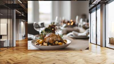 Stylized, minimal Thanksgiving dinner setting, plain table, single dish in focus, clean and spacious backdrop Wall mural