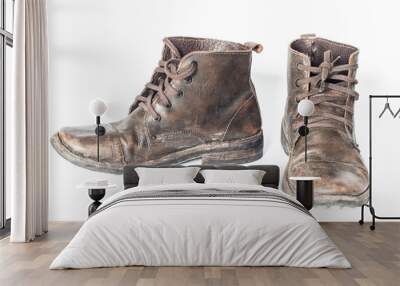 Old leather boots On a white background Wall mural