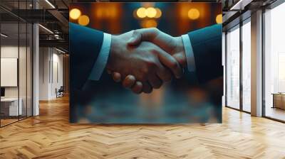 A business deal being closed with a handshake, signifying the successful negotiation between two corporate entities. Wall mural