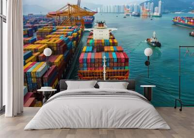 A cargo ship loaded with containers at a busy port, emphasizing international trade and logistics Wall mural