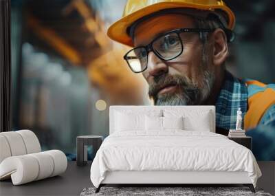 A construction engineer, in a safety helmet and glasses, reviewing blueprints at a bridge construction site Wall mural