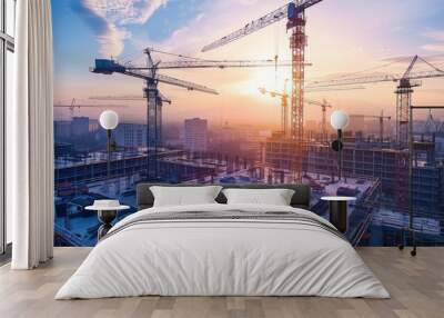 A construction site bustling with activity, cranes towering overhead, symbolizing progress and development Wall mural