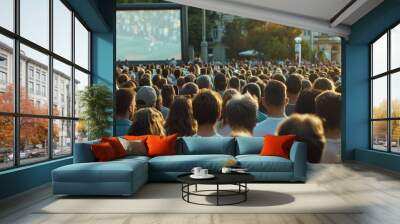 A diverse crowd gathering in a town square, united by their love for the game as they watch the match on a giant screen together Wall mural