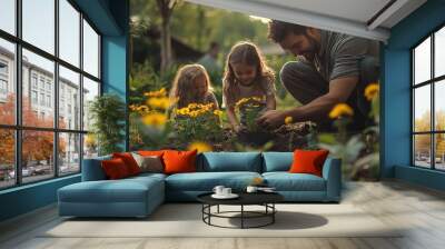 A family working together to plant flowers in their backyard garden. Wall mural