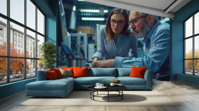 A female manager and a male industrial engineer examining a microchip prototype, discussing its production on a desktop computer in a high-tech factory setting Wall mural