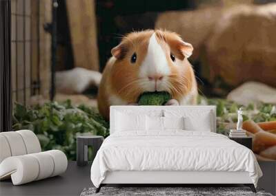 A guinea pig eating fresh vegetables in a spacious cage, enjoying a peaceful environment Wall mural