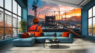 A large construction site with cranes and workers, representing the scale of building projects Wall mural