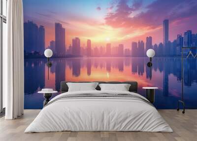 A modern city skyline reflected in a calm river at dawn Wall mural