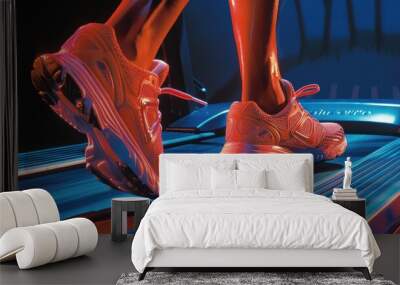 A person feet in running shoes on a treadmill, emphasizing fitness and activity Wall mural