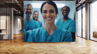 A team of doctors and nurses standing together with confident smiles, embodying leadership and teamwork in a hospital environment Wall mural