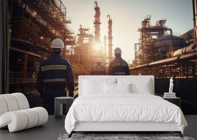 A team of engineers walks to work at an oil industrial factory refinery with morning light Wall mural