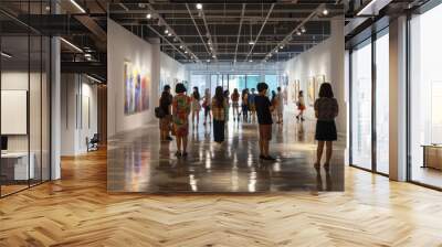 A vibrant art gallery with people admiring paintings, sculptures, and contemporary artworks, capturing the essence of creativity Wall mural