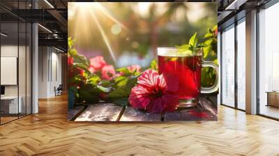 A vibrant cup of hibiscus tea with fresh hibiscus flowers and a sprig of mint, set against a sunny backdrop Wall mural