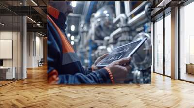 A worker using a digital tablet to monitor production metrics in a smart factory, highlighting the role of IoT in manufacturing Wall mural