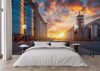 Agro storage granary elevator at an agro-processing plant for processing drying cleaning and storing agricultural products flour cereals and grain Granary bunkering of bulk cargoes with grain sunlight Wall mural