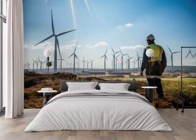 An engineer standing looking at wind turbine construction site landscape. Wall mural