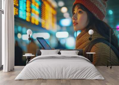 Asian traveler at an airport, intently looking at the flight information board while holding her smartphone, illustrating the anticipation and planning involved in international travel. Wall mural