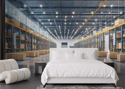 Carton boxes are neatly stacked in rows, inside a modern warehouse, well-lit and orderly Wall mural