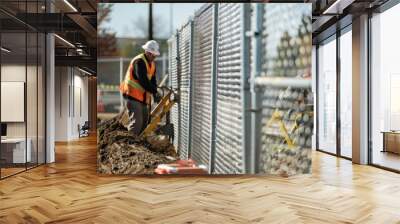 Chain-link fence being installed around a commercial property, with workers and equipment Wall mural