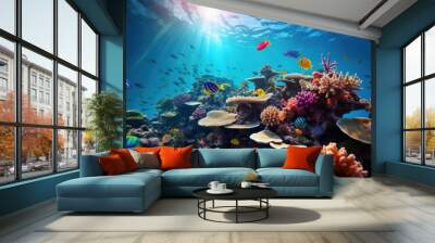 Colorful of beautiful underwater world blue reef on sunny Wall mural