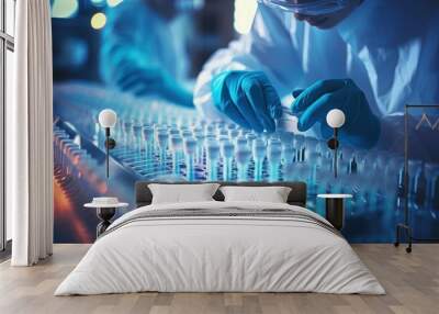 Doctor or technician lab in blue gloves uses pipette transfer samples DNA testing Wall mural