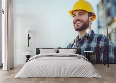 Engineer man holding a tablet, smiling while inspecting the building site, isolated on a white background Wall mural