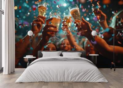 Friends celebrating with colorful shots, surrounded by confetti and streamers, at a New Year's Eve party. Wall mural