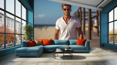 handsome man walking along the sea beach Wall mural