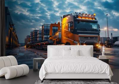 Heavy-duty truck transporting industrial goods, illustrating logistics and transportation Wall mural