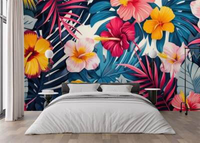 Image of a bright, vibrant floral pattern featuring tropical flowers and colorful leaves --ar 16:9 Job ID: a5cbe12b-9e7a-41f1-b150-d924c9b01222 Wall mural