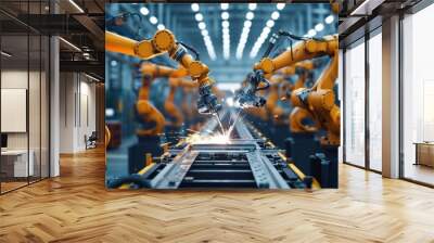 Industrial welding hand robots in manufacturing production lines plants Wall mural