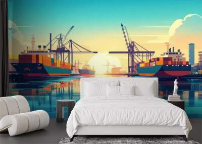 International commerce harbour with ships and cargo cranes Wall mural