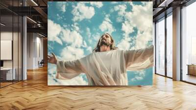 Jesus Christ reaching out with open arms in the sky Wall mural