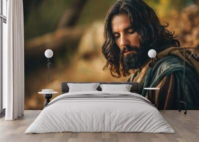 Jesus Christ with a peaceful expression, holding a Bible and praying quietly Wall mural