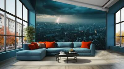 Lightning illuminating the cityscape, with dark clouds and rain creating a moody atmosphere Wall mural