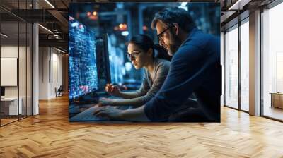 Male and female engineers working in front of a computer screen in an industrial factory Wall mural