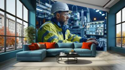 Male engineer wearing reflective clothing and white safety helmet, working with operating a PC, Designing, inspecting, and controlling machinery in automobile factories Wall mural