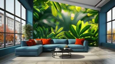 Nature leaves, green tropical forest, natural light, copy space, Wall mural