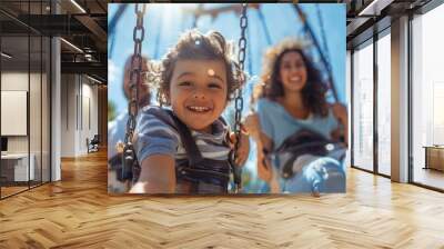 Parents pushing their children on swings at a playground, with happy faces and blue skies Wall mural