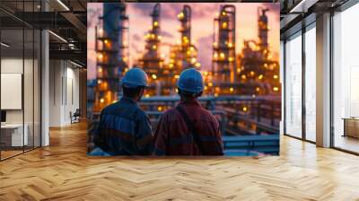 Photo of Engineers troubleshooting, technicians maintaining, and teamwork in a petrochemical plant Wall mural