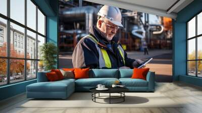 photograph of An engineer looks at a manual, diagrams, and information on a tablet for laying an Industrial gas pipeline. in petrochemical plant. Wall mural